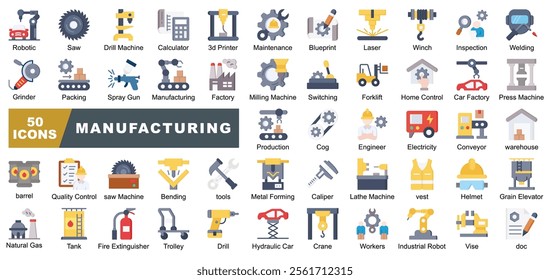 Manufacturing icon collection set. Containing Factory, optimization, Helmet,Maintenance, Robotic, Production, Electricity,Drill Machine,Lasert, Trolley icon. Simple line vector.