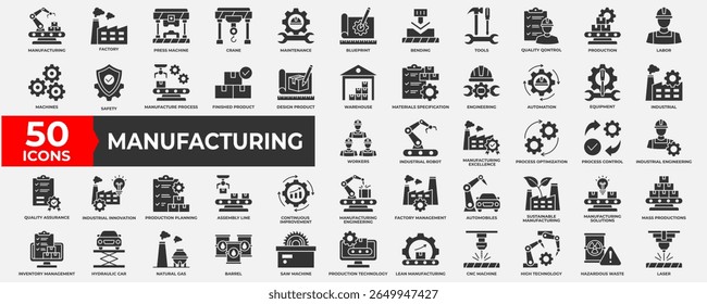 Conjunto de colección de iconos de fabricación. Contiene fabricación, producción, bienes, producto, gestión, negocio, icono de infraestructura. Ilustración vectorial sólida simple.