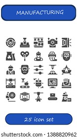 manufacturing icon set. 25 filled manufacturing icons.  Collection Of - Robot, Conveyor, 3d printer, Nuclear plant, Automaton, Worker, 3d printing, Welder, Control, Fair ship