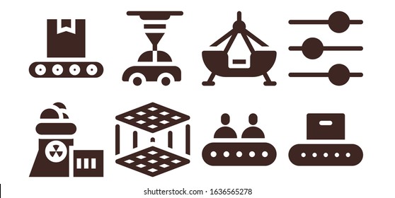 manufacturing icon set. 8 filled manufacturing icons. Included Nuclear plant, Conveyor, 3d printer, Fair ship, Control icons