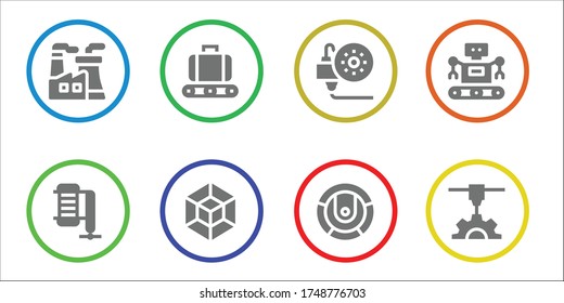 conjunto de iconos de fabricación. 8 iconos de fabricación rellenados. Planta nuclear incluida, compresor, distribuidor, modelado 3d, impresión 3d, robot, iconos de impresora 3d