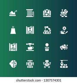 manufacturing icon set. Collection of 16 filled manufacturing icons included Conveyor, Robot, Compressor, Worker, 3d printing, 3d printer, Robot arm, Nuclear plant, Filament