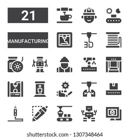 manufacturing icon set. Collection of 21 filled manufacturing icons included d modeling, Robot, Conveyor, d printing pen, d printer, Teletransportation, Robotic arm, Worker, Filament