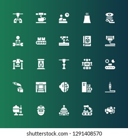 manufacturing icon set. Collection of 25 filled manufacturing icons included Compressor, Robot arm, Robot, Welder, Crucible, d printing pen, Conveyor, d printer, Teletransportation
