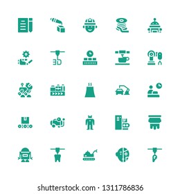 manufacturing icon set. Collection of 25 filled manufacturing icons included d printer, Robot, Silkscreen, Conveyor, Compressor, Worker, Robot arm, Nuclear plant, Conveyor belt