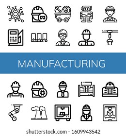 manufacturing icon set. Collection of Engineering, Engineer, Conveyor, Mine cart, Technician, Robotics, Worker, Machinery, Power plant, d printing icons