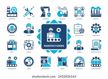 Fertigungs-Icon-Set. Unternehmen, Maschinen, Industrie, Ingenieur, Produktivität, Rohstoffe, Massenproduktion, Arbeiter. Zweifarbige Volltonsymbole