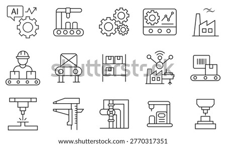 Manufacturing icon set. Factory, Assembly Line, Robot Arm, CNC Machine, Industrial Worker, Welding Process, Gear Mechanism, productive, workflow, automation, collection. Vector illustration.