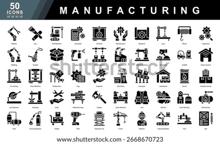 Manufacturing icon set featuring tools, machinery, robotics, and production elements. Ideal for industrial platforms, factory planning, safety manuals, and engineering presentations.