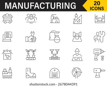 Manufacturing icon set in line style. Set of 20 icons related to management, product, warehouse, business, infrastructure, production, machine, industrial and more symbol collection. eps 10
