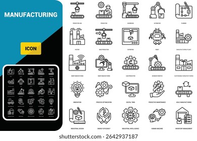 Fertigungs-Symbolsatz. Produktionsmaschine, Ingenieur Roboter Bautechnologie, Anlage Geschäftsausstattung Herstellung Industrie Fabrik Farblinie Illustrationen
