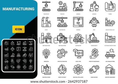 Manufacturing icon set. production machine, engineer robot construction technology, plant business equipment manufacturing industry factory color line illustrations