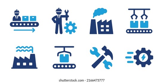 Manufacturing icon vector set. Factory and industry production with automated assembly lines concept.