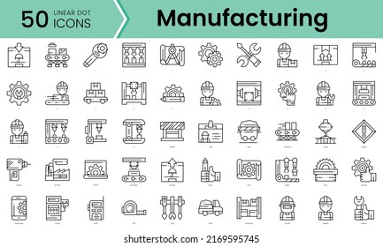 manufactura paquete de Icons. Iconos de estilo punto lineal. Ilustración del vector