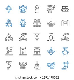 manufacturing icons set. Collection of manufacturing with industrial robot, robot, nuclear plant, hangar, conveyor, d printer. Editable and scalable manufacturing icons.