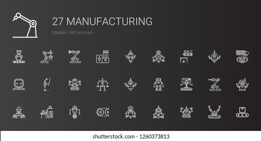 manufacturing icons set. Collection of manufacturing with robot, conveyor, d printer, industrial robot, industry. Editable and scalable manufacturing icons.