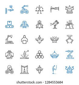 manufacturing icons set. Collection of manufacturing with robot, d printer, industrial robot, industry, conveyor. Editable and scalable manufacturing icons.