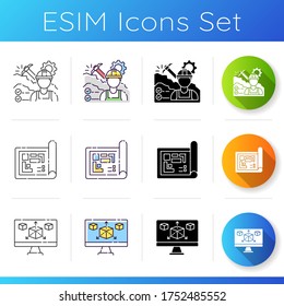 Manufacturing icons set. Mining professional for manufacturing production. Blueprint for building project. Modeling in software. Linear, black and RGB color styles. Isolated vector illustrations