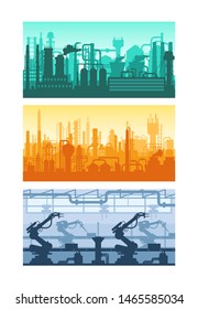 Manufacturing industrial plant, factory silhouette, manufacture industry interior, industrial industry, manufacturing process. Machine-building, oil refining silhouettes of buildings factory vector