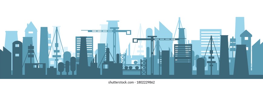 Manufacturing industrial plant, factory silhouette, building of enterprise scene, manufacture industry exterior. Artistic design silhouette industrial factory. Vector illustration, eps 10. - Shutterstock ID 1802229862