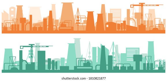 Manufacturing industrial plant, factory silhouette, building of enterprise scene, manufacture industry exterior. Artistic design silhouette industrial factory. Vector illustration, eps 10.