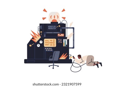 Manufacturing industry accident, emergency. Worker fixing broken equipment, dangerous machine. Industrial problem, mistake, insecurity concept. Flat vector illustration isolated on white background