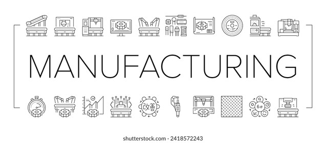 los iconos de fábrica de la industria manufacturera establecen el vector. máquina de producción, ingeniería de tecnología de construcción de robots, fábrica de equipos industriales de fabricación de fábrica ilustraciones de línea negra