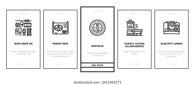 manufacturing industry factory onboarding mobile vector. production machine, engineer robot construction technology, plant business equipment manufacturing industry factory Illustrations