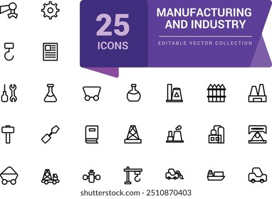 Manufacturing and industry icons set. Different kinds of engineering. Pixel perfect, minimalistic web and UI icon. Outline icon collections. Editable illustration.