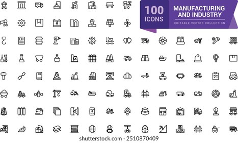 Manufacturing and industry icons set. Different kinds of engineering. Pixel perfect, minimalistic web and UI icon. Outline icon collections. Editable illustration.