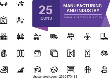 Manufacturing and industry icons set. Different kinds of engineering. Pixel perfect, minimalistic web and UI icon. Outline icon collections. Editable illustration.