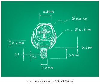 Manufacturing and Industry, Illustration Hand Drawn Sketch Dimension of Cross Recessed Countersunk Head Short Computer Screw with Flat Top. Used Fasteners to Keep The Machine Parts Together.