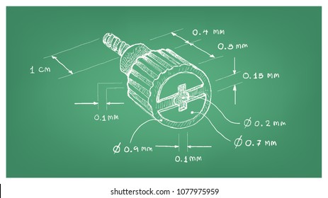 Manufacturing and Industry, Illustration Hand Drawn Sketch Dimension of Cross Recessed Countersunk Head Short Computer Thumbscrew. Used Fasteners to Keep The Machine Parts Together.