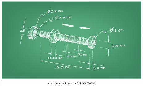 Manufacturing and Industry, Illustration Hand Drawn Sketch Dimension of Hex Nut and Screw. A Type of Fastener with Threaded Hole Used in Conjunction with A Mating Bolt to Fasten Parts Together.