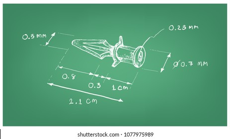 Manufacturing and Industry, Illustration Hand Drawn Sketch Dimension of Plastic Anchor, Rawlplug for Electronic Circuit Board for Electronic Machines and Computer. 