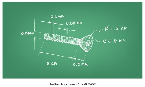 Manufacturing and Industry, Illustration Hand Drawn Sketch Dimension of Countersunk Socket Cap Screw. Used Fasteners to Keep The Machine Parts Together.
