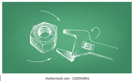 Manufacturing and Industry, Illustration Hand Drawn Sketch of Heavy Hex Nut and Wrench. A Type of Fastener with Threaded Hole Used in Conjunction with A Mating Bolt to Fasten Parts Together.