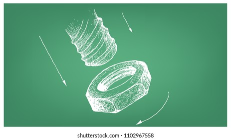 Manufacturing and Industry, Illustration Hand Drawn Sketch of Jam Nut and Screw. A Type of Fastener with Threaded Hole Used in Conjunction with A Mating Bolt to Fasten Parts Together.
