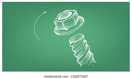 Manufacturing and Industry, Illustration Hand Drawn Sketch of Flange Nut and Screw. A Type of Fastener with Threaded Hole Used in Conjunction with A Mating Bolt to Fasten Parts Together.