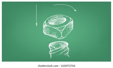 Manufacturing and Industry, Illustration Hand Drawn Sketch of Square Nut and Screw. A Type of Fastener with Threaded Hole Used in Conjunction with A Mating Bolt to Fasten Parts Together.