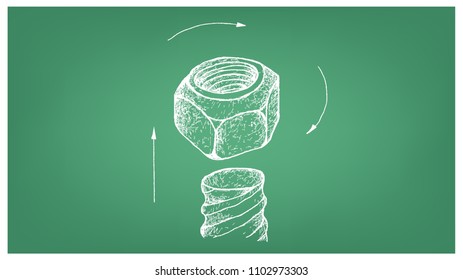 Manufacturing and Industry, Illustration Hand Drawn Sketch of Prevailing Torque Lock Nut. A Fastener with Threaded Hole Used in Conjunction with Mating Bolt to Fasten Parts Together.