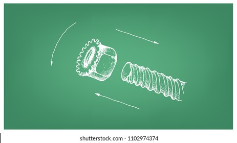 Manufacturing and Industry, Illustration Hand Drawn Sketch of K Lock Nut or Kep Nut and Screw. Fastener with Threaded Hole Used in Conjunction with A Mating Bolt to Fasten Parts Together.