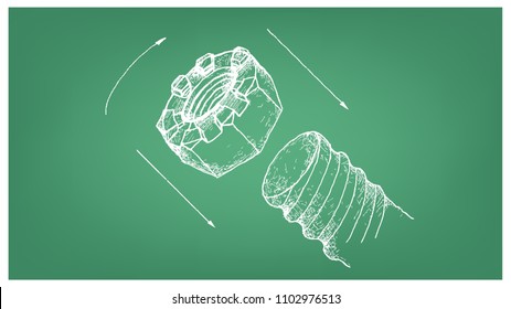 Manufacturing and Industry, Illustration Hand Drawn Sketch of Slotted Nut or Castellated Nut. A Fastener with Threaded Hole Used in Conjunction with Mating Bolt to Fasten Parts Together.