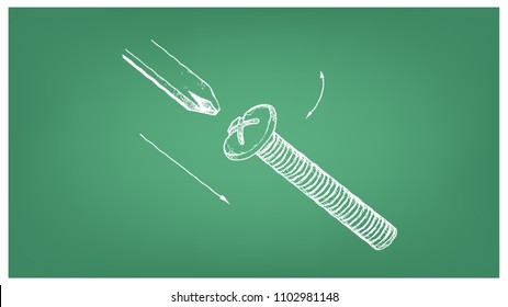 Manufacturing and Industry, Illustration Hand Drawn Sketch Dimension of Cross Recessed Countersunk Head Machine Screw with Flat Top. Used to Clamp Machine Parts Together.