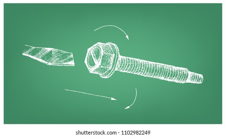 Manufacturing and Industry, Illustration Hand Drawn Sketch of Thread Cutting Machine Screw with Flat Top. Used to Clamp Machine Parts Together.