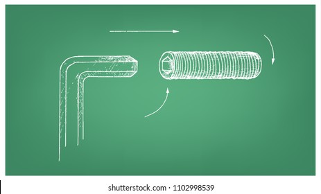 Manufacturing and Industry, Illustration Hand Drawn Sketch of Set Screw. Used to Secure Gears, Pulleys, Other Engine and Machine Parts to A Shaft. 