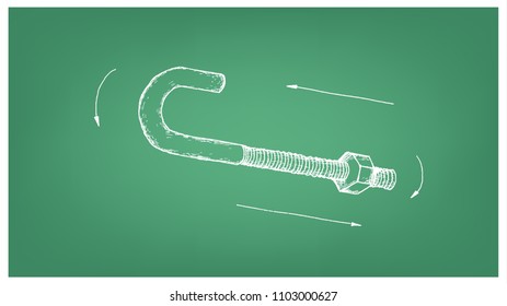 Manufacturing and Industry, Illustration Hand Drawn Sketch of J Bolt or Anchor Bolt. A Type of Fastener Used to Attach Objects or Structures to Stone, Concrete and Masonry.