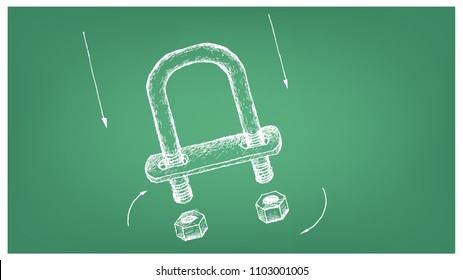 Manufacturing and Industry, Illustration Hand Drawn Sketch of U Bolt. A Type of Fastener Used with Nuts to Hold Pipes for Support Pipework.