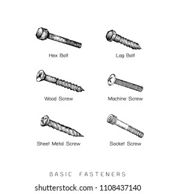 Manufacturing and Industry, Illustration Hand Drawn Sketch Set of Basic Fasteners. A Type of Fastener Used to Fasten Materials Together.