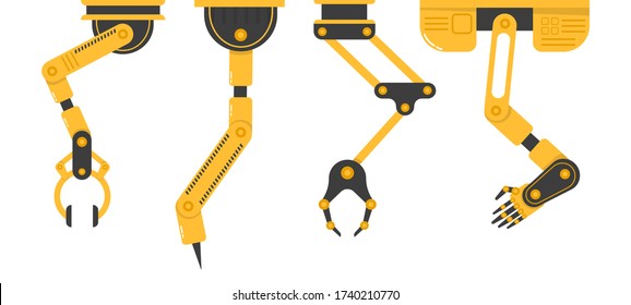 Manufacturing industry mechanical robot arm, machinery technology, factory machine hands. Set of robotic hand tools or industrial welding robots in a factory of a production line manufacturer. Vector.